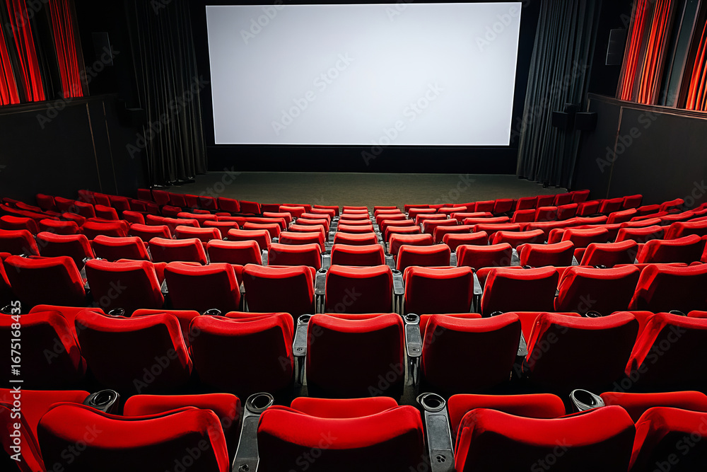 Fototapeta premium Empty cinema hall with red seats and blank screen