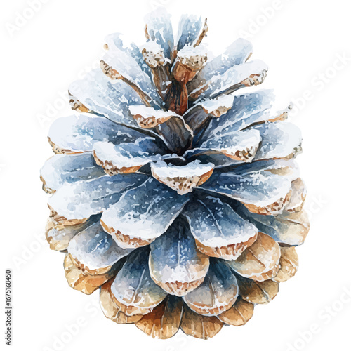 watercolor vector of Winter Pinecone, isolated on a white background.