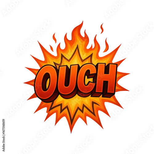Ouch word with a fiery explosion and flames