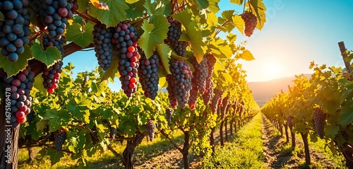 Sun-drenched Galilee vineyard rows, ripe grapes hanging heavy,  fall,  sunlight