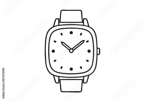Minimalist Line Art Illustration of a Wristwatch with Square Face and Classic Design Depicting Time and Style