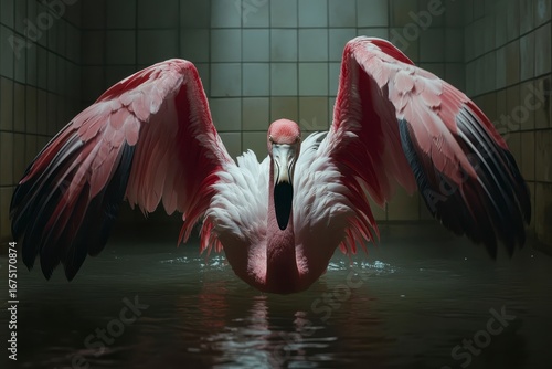 pink flamingo in flight