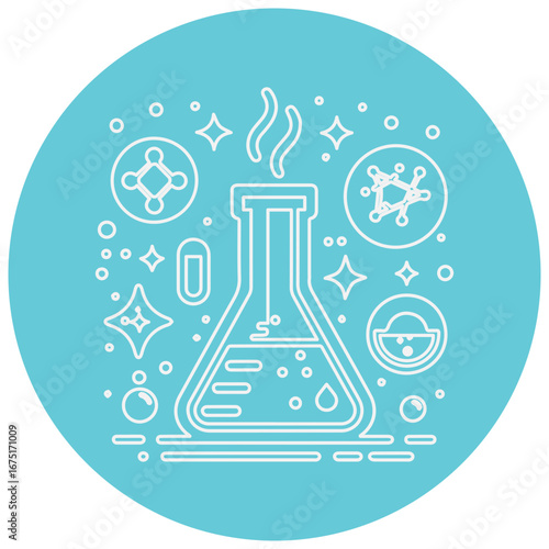 Dynamic laboratory flask with scientific molecules and elements, creative design