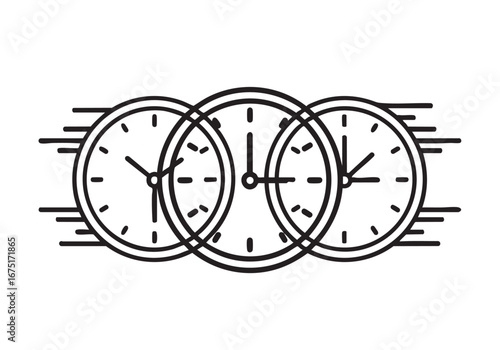 Conceptual Illustration of Overlapping Clocks Representing Time Passing Rapidly with Black and White Minimalist Design
