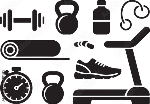 Fitness icons gym workout equipment treadmill shoe kettlebell mat