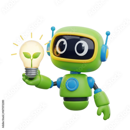 3d icon of cute green robot holding a glowing light bulb with a plant inside, isolated on transparent background