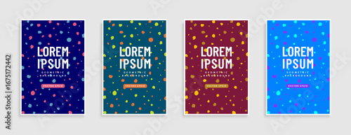 Set of Abstract deforms dotted colorful pattern background in blue, green and red color. Random dots texture in trendy colorful. Many circle overlap pattern bubble design. Vector illustration.