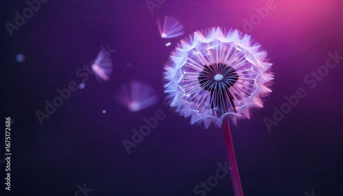 Macro Shot of a Dandelion with Floating Seeds on a Mysterious Purple Background - A Concept of Hope, Freedom, and Wishes.