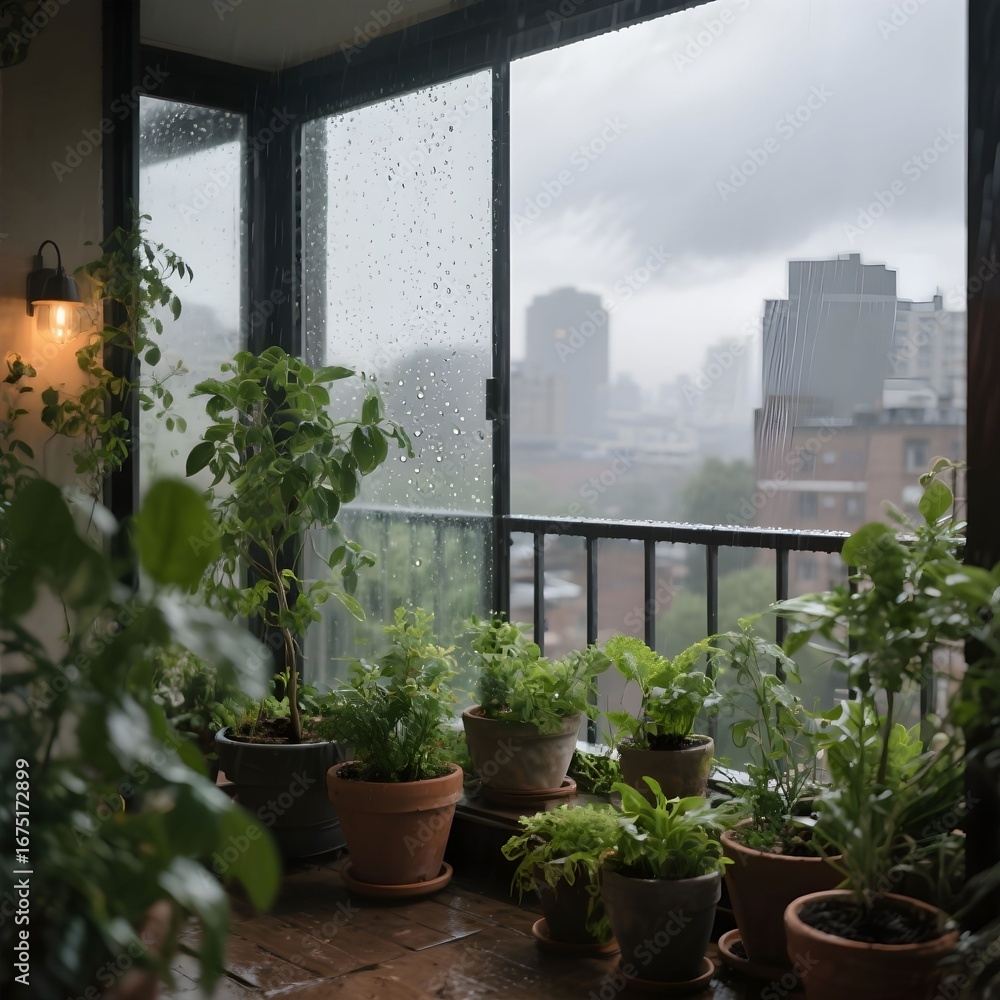 Fototapeta premium 비오는날베란다정원풍경
