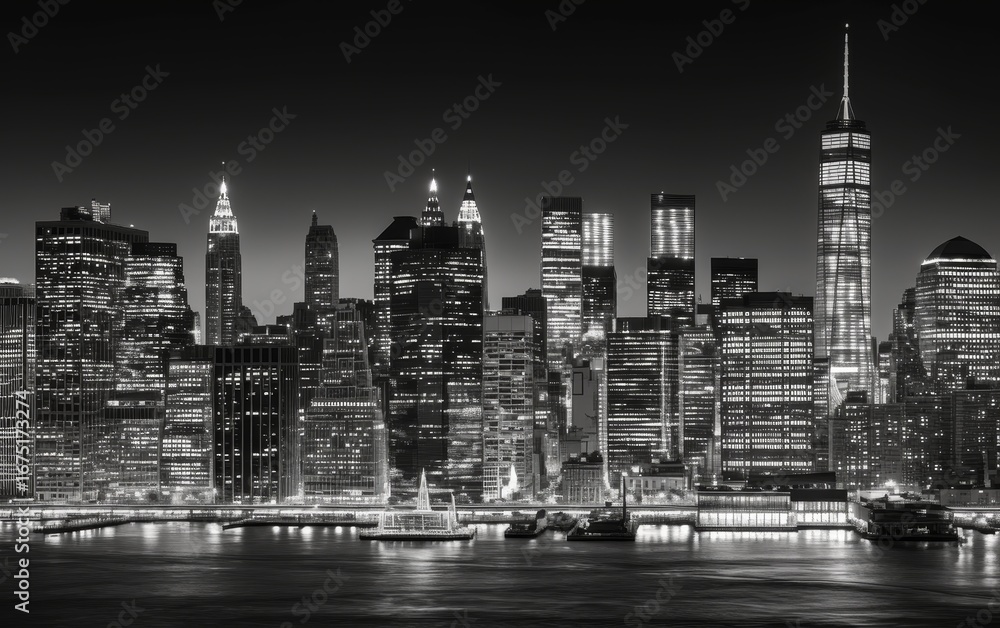 Fototapeta premium Black and white New York City skyline at night with illuminated skyscrapers and water reflections, urban energy and sophistication