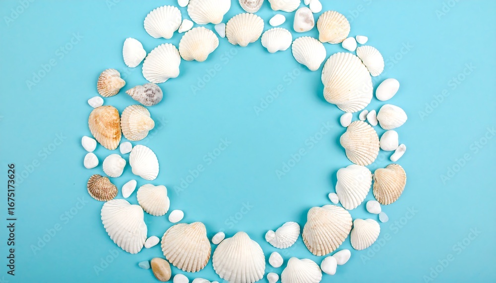 Obraz premium Seashells and stones circle on blue background (1)