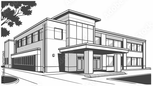 Modern Building Exterior Illustration in Black and White Line Art Style with Sleek Design
