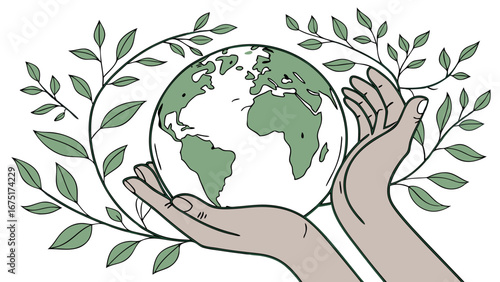 Protecting Our Planet: Hands Gently Cradle Earth Surrounded by Lush Green Foliage, Eco-Friendly Concept Illustration