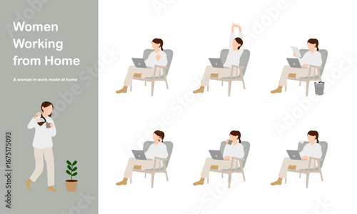 在宅ワークの女性セット/ Women Working from Home Sitting on Chair
