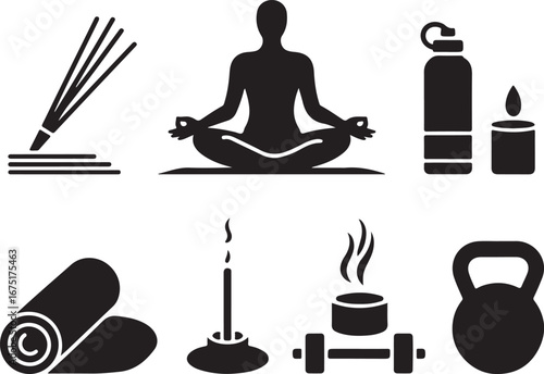 Wellness icons: yoga, candle, kettlebell, mat, diffuser