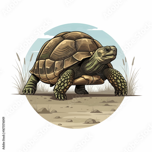 Tortoise illustration with grassland habitat in circle background