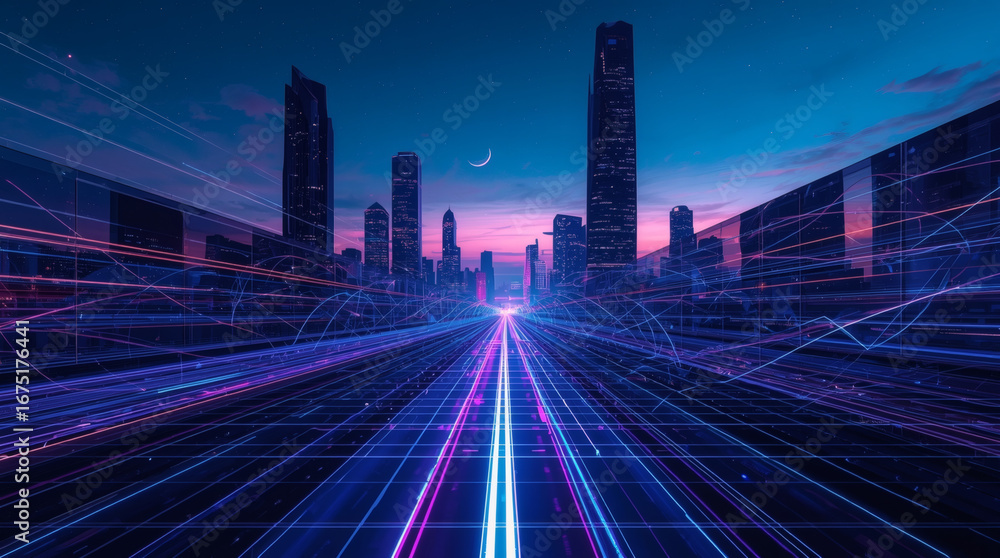 Fototapeta premium Futuristic AI-Powered City with a Luminous Data Stream and Neon-Lit Skyline - A Concept of Urban Technology and Connectivity.