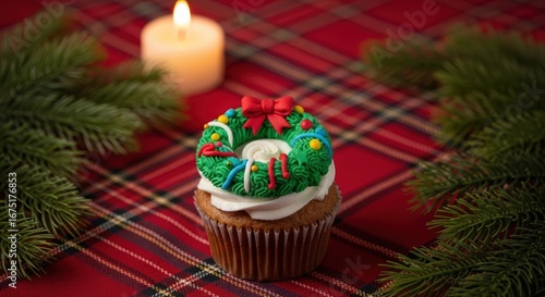 Festive Christmas Cupcake with Green Icing Wreath and Red Bow on Plaid Tablecloth