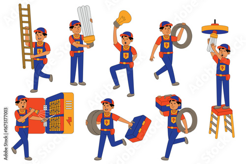 Electrician profession character working with electrical systems