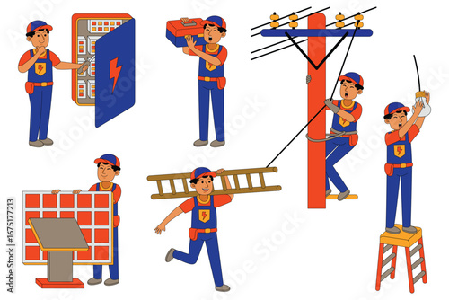 Electrician profession character working with electrical systems