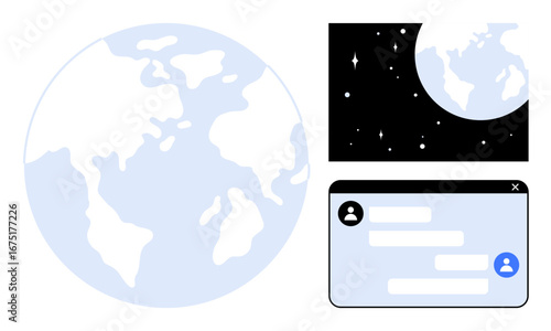 Earth map, night sky with stars, and chat window with messages symbolizing communication, global outreach, networking, online interaction. Ideal for connectivity, technology, collaboration