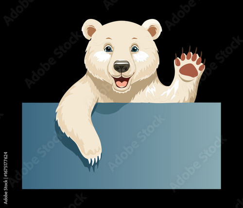  A friendly polar bear with a blank blue sign, a great template for your own message