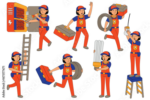 Electrician profession character working with electrical systems