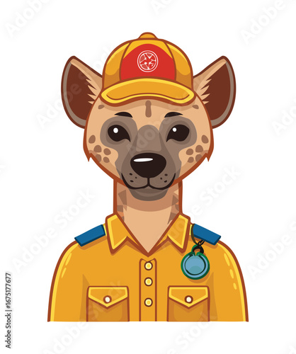 A confident hyena wearing a safari hat and a uniform, a strong and capable character