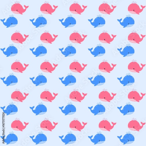 Cute Whale Blue and Pink Seamless Pattern on Blue Background