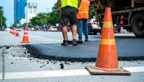 Road repair crew working on asphalt patch