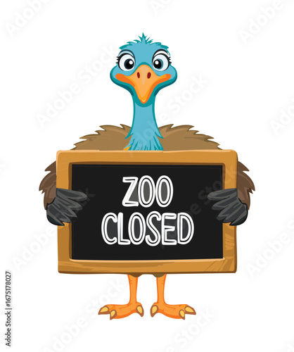  An ostrich holding a 'zoo closed' sign, perfect for communicating closures or temporary changes