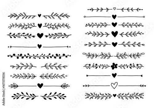 Elegant hand drawn dividers with floral elements and hearts for wedding invitations and greeting cards design