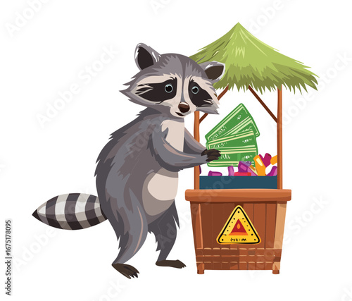  friendly raccoon running a stand, selling food or tickets under a large umbrella