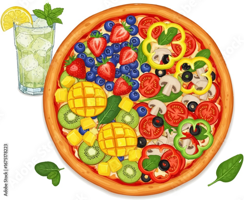 Delicious Fruit and Vegetable Pizza with Refreshing Drink