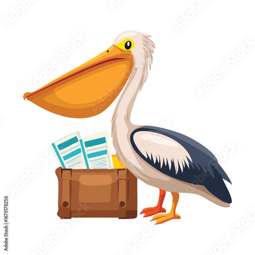 A pelican with a bag of money sitting on books and a suitcase, representing a wealthy traveler or businessman
