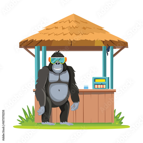 A friendly gorilla in a hawaiian shirt and hat, sitting behind a wooden stand, looking like a vendor at the zoo