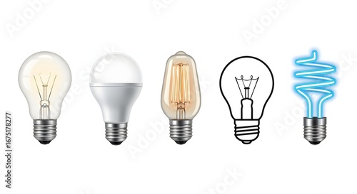 Collection of Light Bulbs, Different Types and Styles Vector Illustration