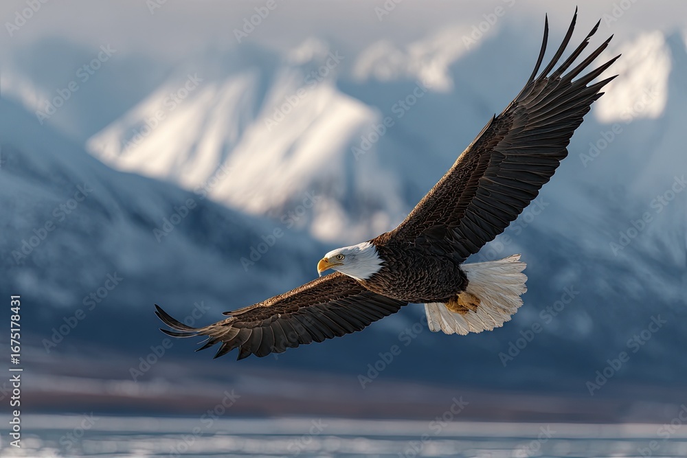 Obraz premium Majestic Bald Eagle Soaring Over Snow Capped Mountains in Winter Blue Skies in the Background Pixelated Effect