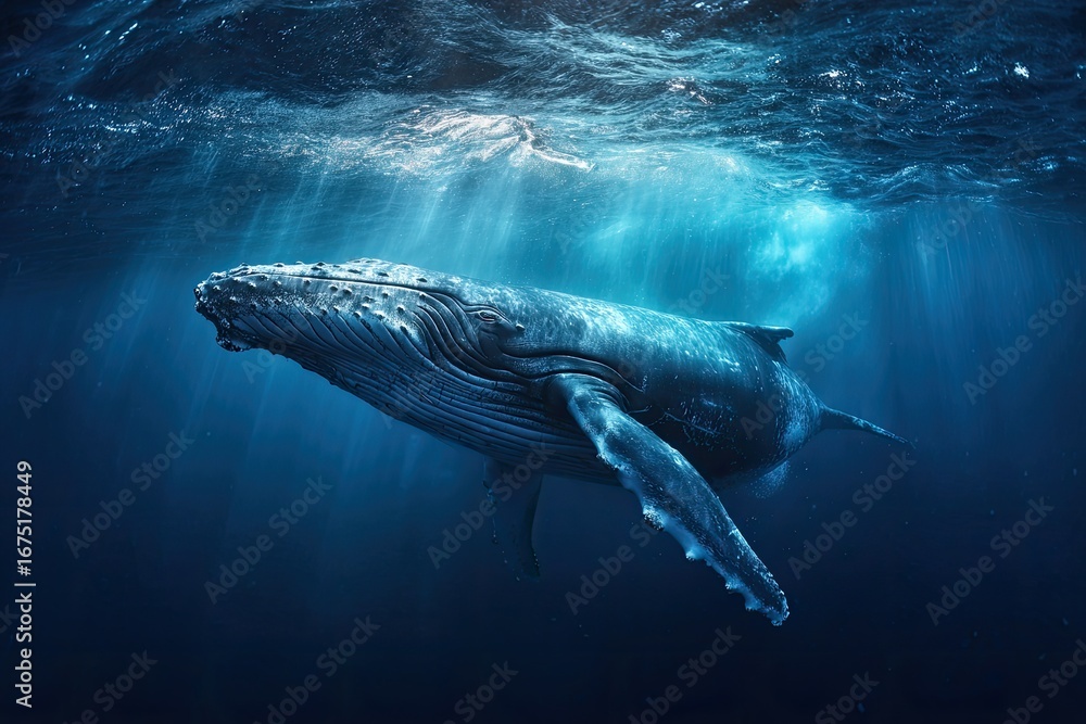 Fototapeta premium Majestic Humpback Whale Swimming Gracefully in Deep Blue Ocean Sunlight Filtering Through Water Creating a Stunning Underwater Scene