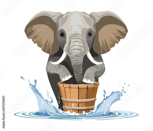 A happy adult elephant is splashing a lot of water on its face ready for a fun bath