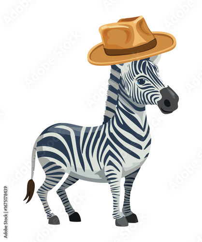 An adorable zebra with a brown explorer hat is standing and looking for its next adventure