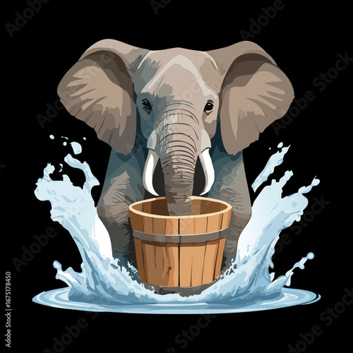 A big elephant is happily splashing water on its face from a wooden bucket on a hot day