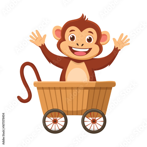 A cute and friendly monkey with a long tail is sitting in a wooden wheelbarrow ready to be pushed