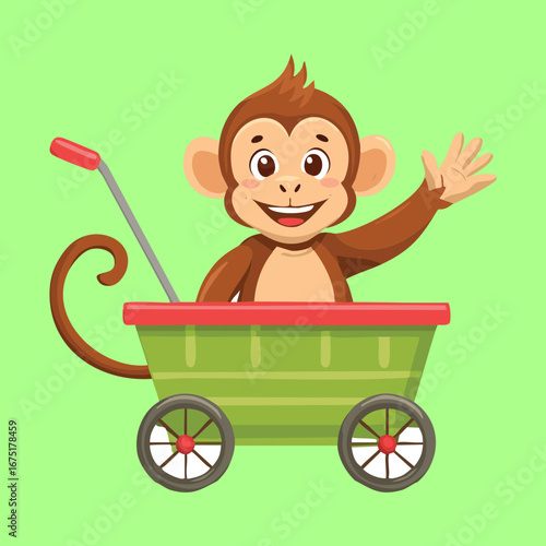 A cute monkey with a big smile is sitting in a green wheelbarrow ready to go on an adventure