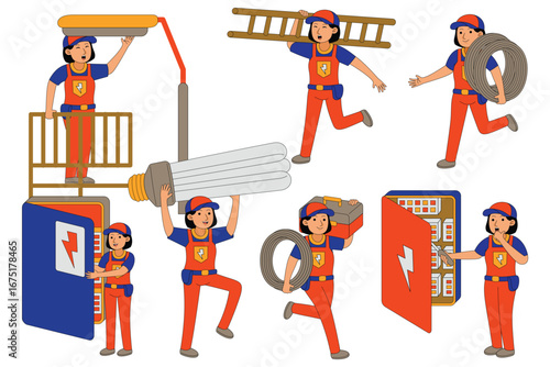 Electrician profession character working with electrical systems