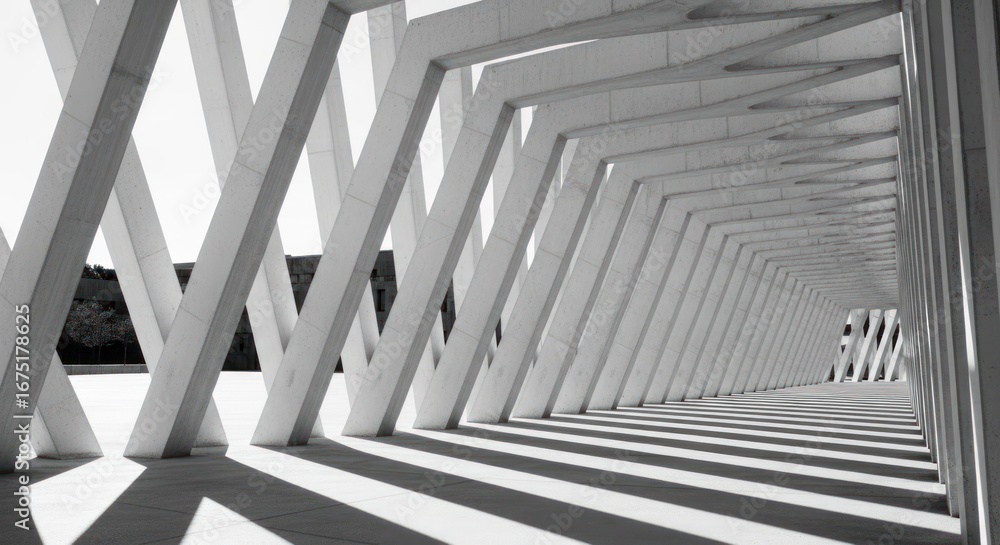 Naklejka premium Architectural tunnel with repeating angular concrete beams in monochrome