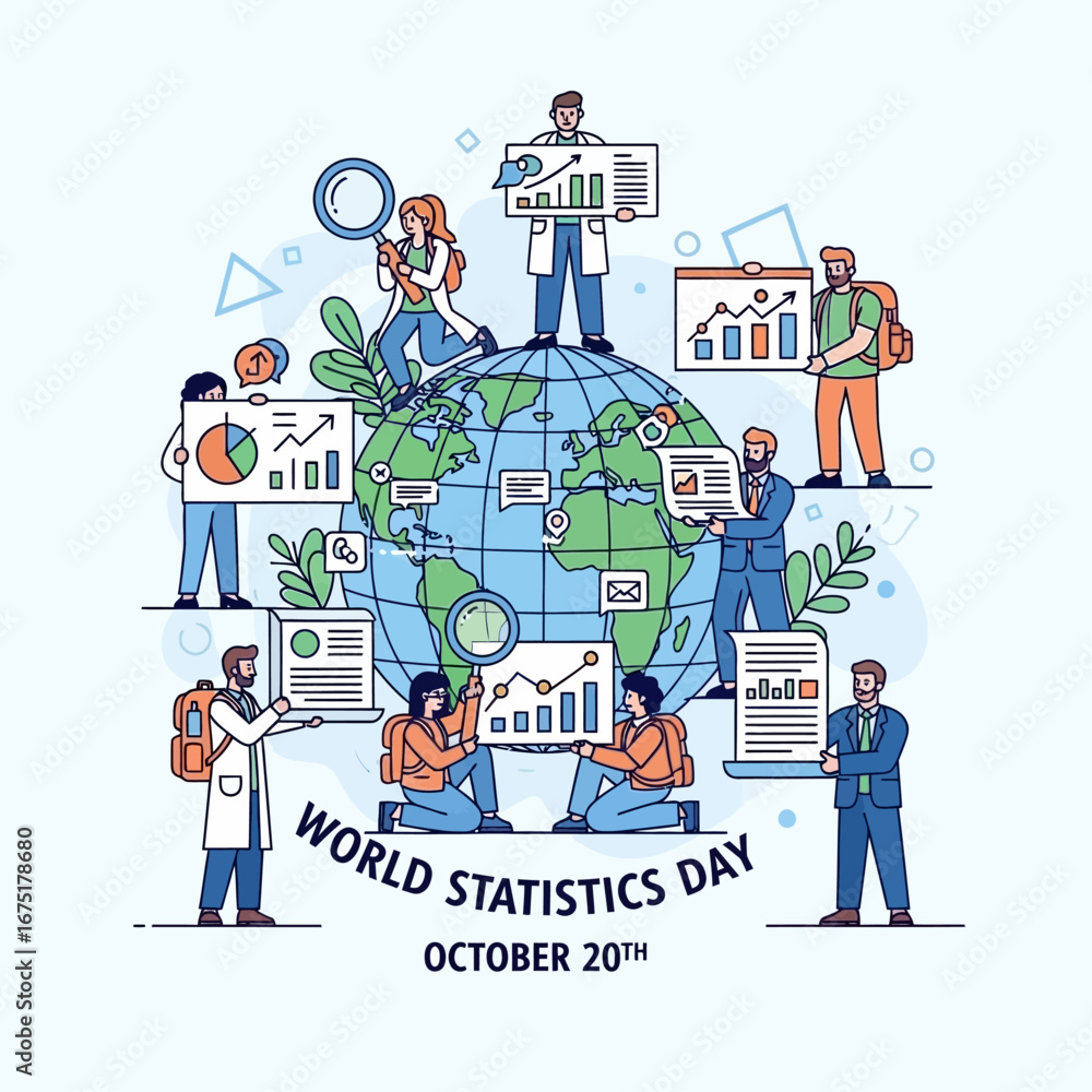 Naklejka premium Flat vector illustration of international teamwork, with scientists, students, and professionals holding magnifying glasses, charts, and data reports around a globe, World Statistics Day poster style