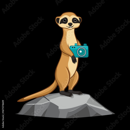 funny meerkat is standing on a small wooden pedestal holding a camera looking for its next victim