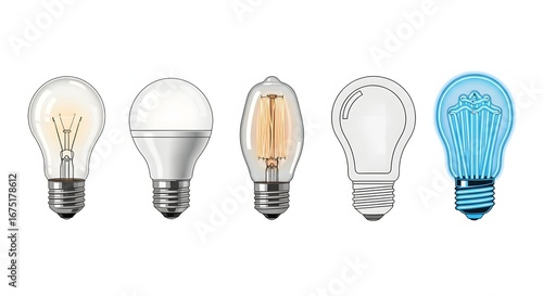 Collection of Light Bulbs, Different Types and Styles Vector Illustration