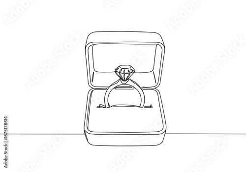 Elegant diamond engagement ring in box, a minimalist line art symbol of love and commitment